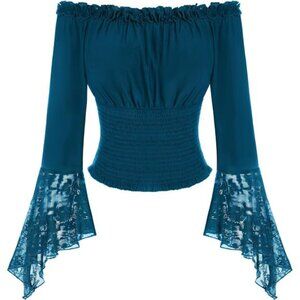 Renaissance Shirt Bell Sleeve Off The Shoulder Teal Blue